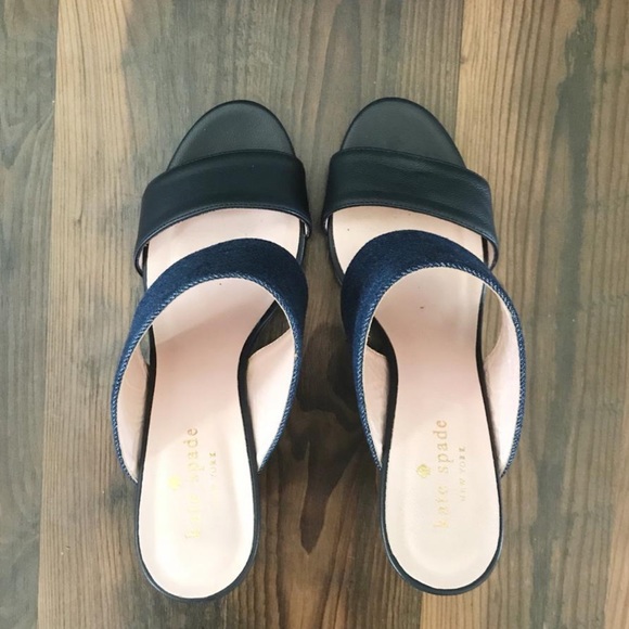 Kate Spade Denim & Wood Block Mule Heels Size 8.5 - Picture 3 of 6